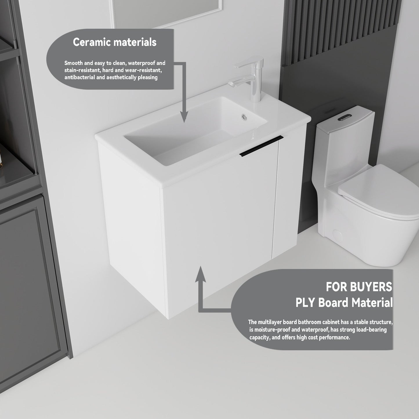 22 Inch Floating Bathroom Vanity with Sink, Soft-Close Door, Ceramic Sink, Plywood