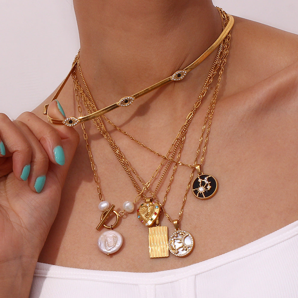 Aura Gold Celestial Moon & Star Disc Necklace | Vintage Titanium Stainless Steel Medallion | Retro Sun & Moon Crystal Charm Jewelry