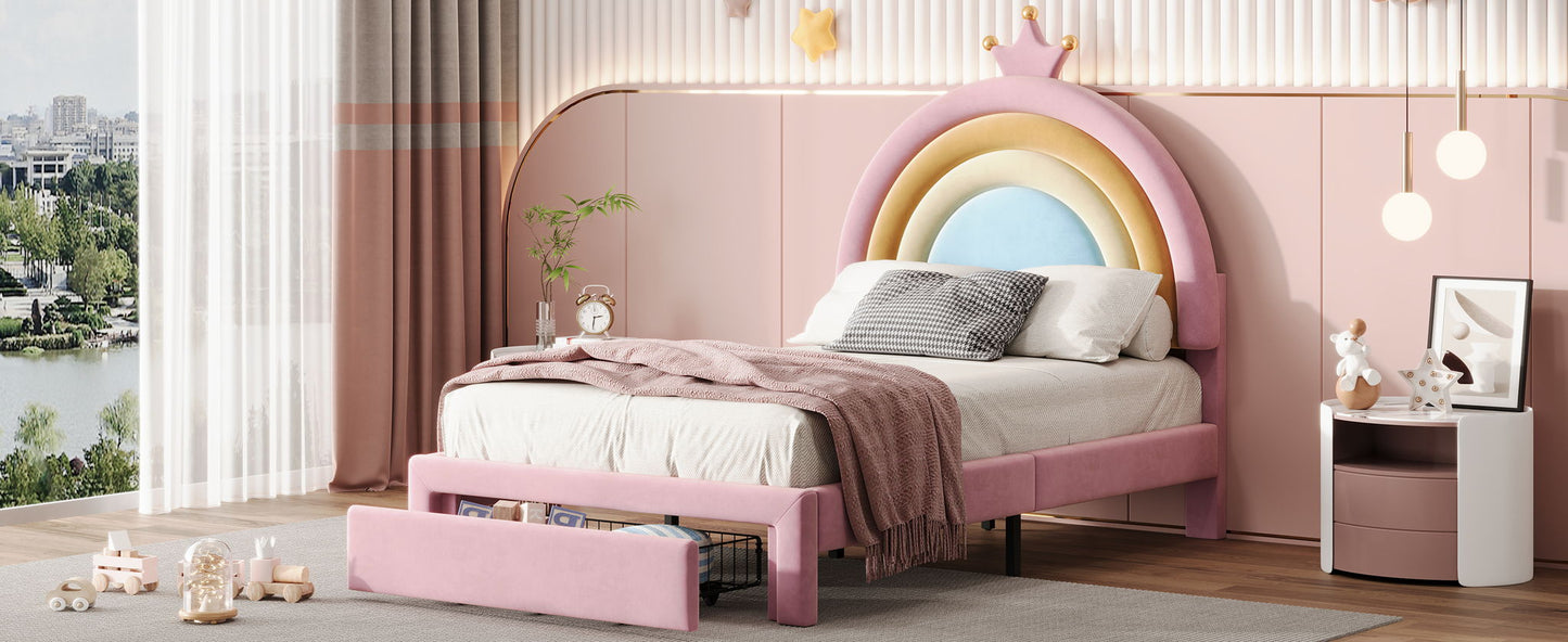 Upholstered Rainbow Design Bed, Princess Platform Bed With Storage Drawer