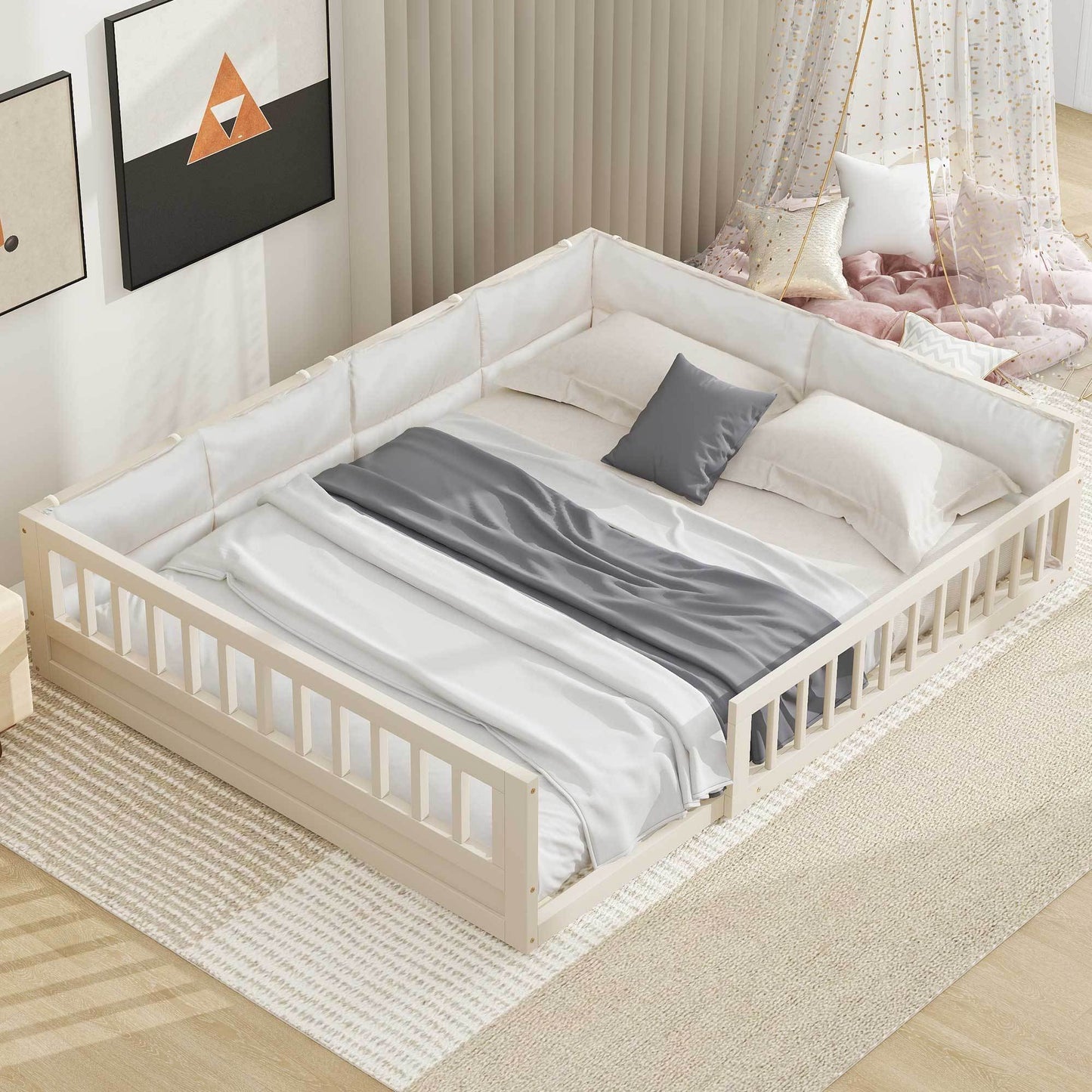 Wood Full Size Upholstered Platform Bed with Guardrail and Pillow