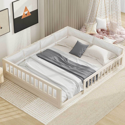 Wood Full Size Upholstered Platform Bed with Guardrail and Pillow