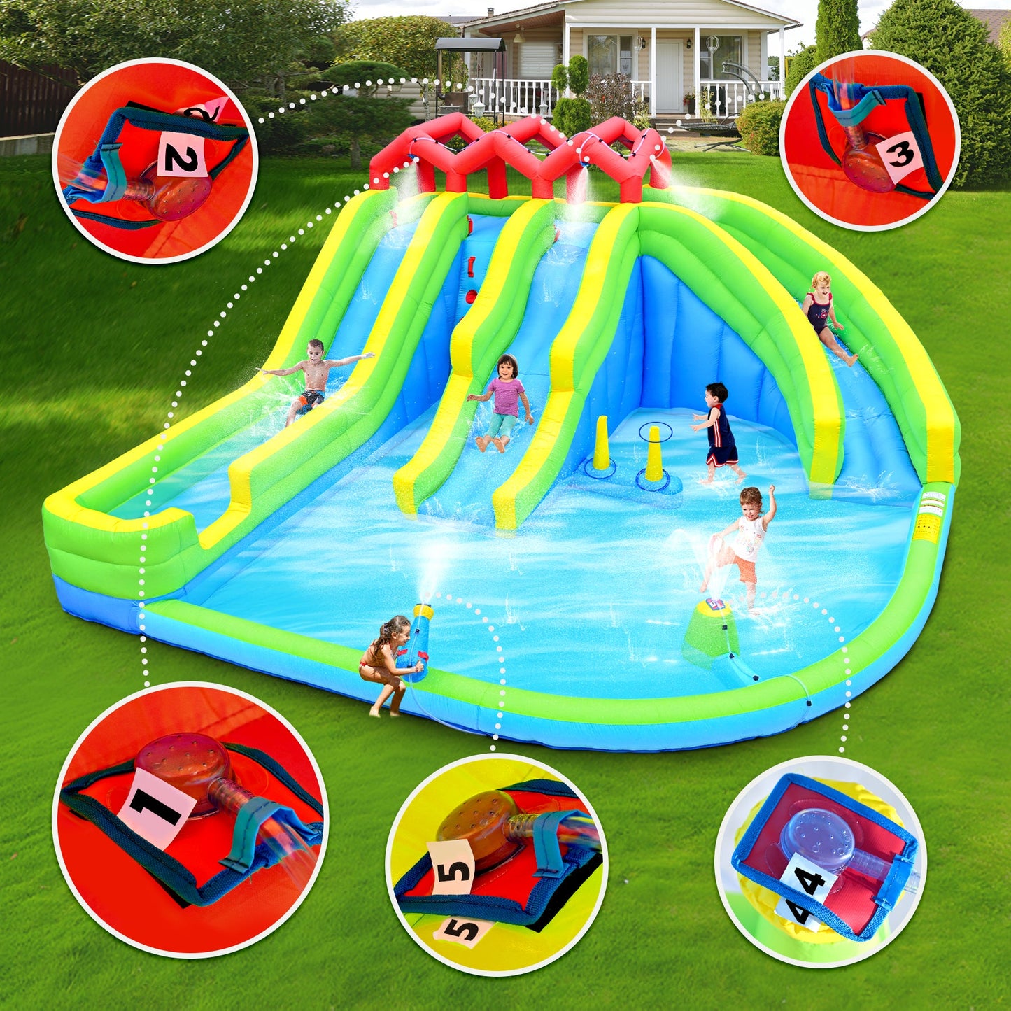 7-in-1 Inflatable Water Park Three Slide with Blower and Climbing Wall for Children