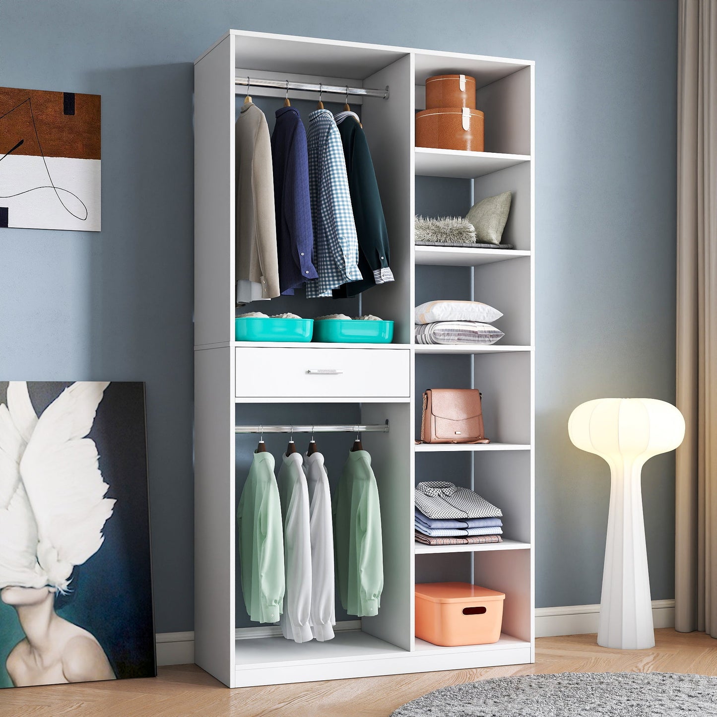 Freestanding Closet System with 6 Open Shelves and 2 Hanging Rods