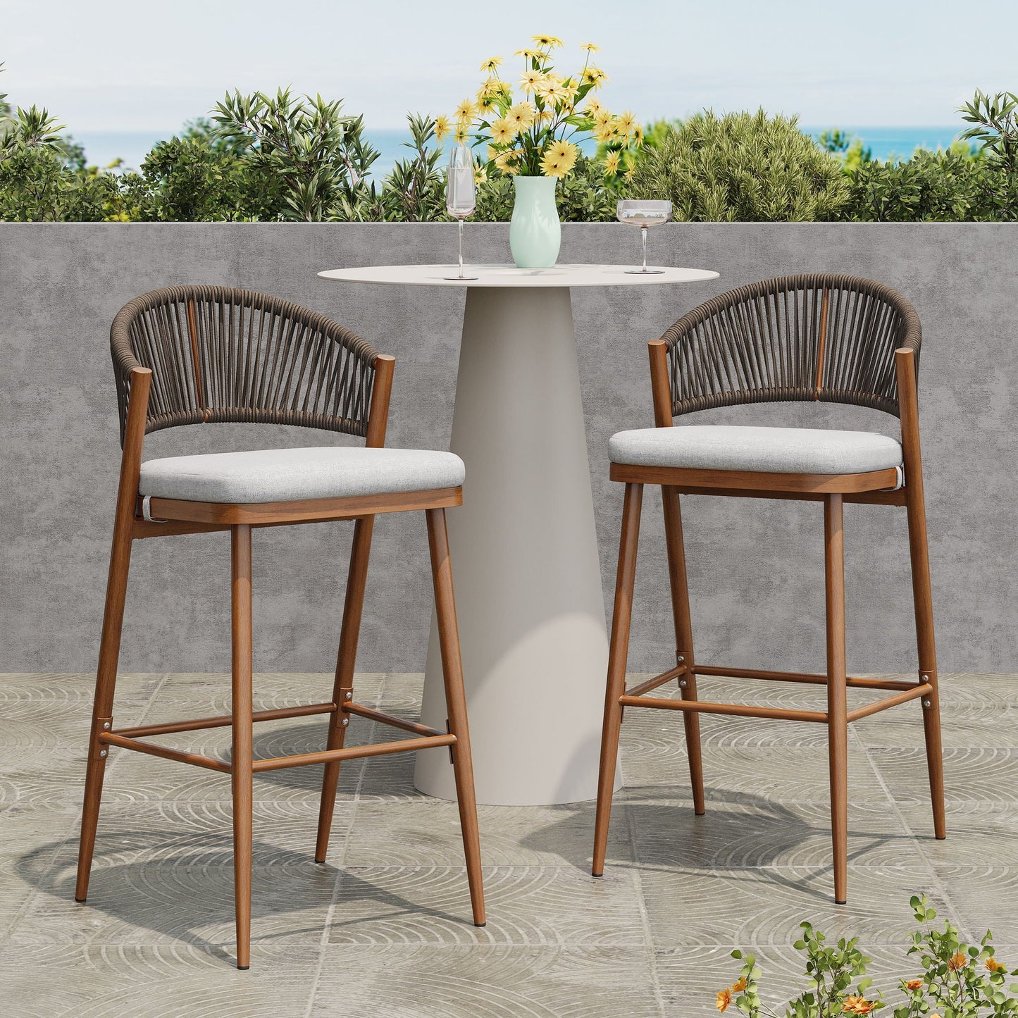 Outdoor Bar Height Metal Frame Counter Stools with Scallop-Shaped Backrest & Water-Resistant Cushions