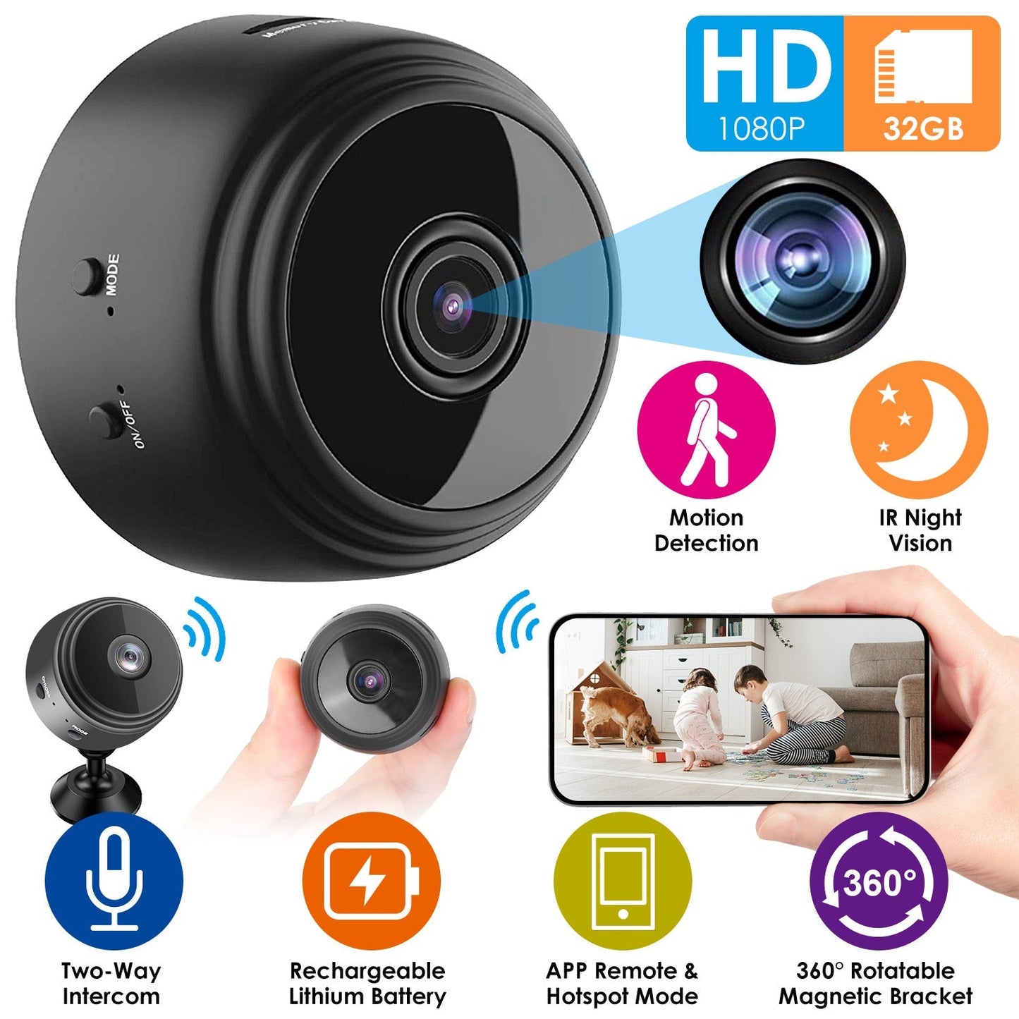 Mini CameraÊWireless Wifi IP Home Security Cam 1080P Full HD Surveillance Camera Nanny Cam w/ 32G MMC Card