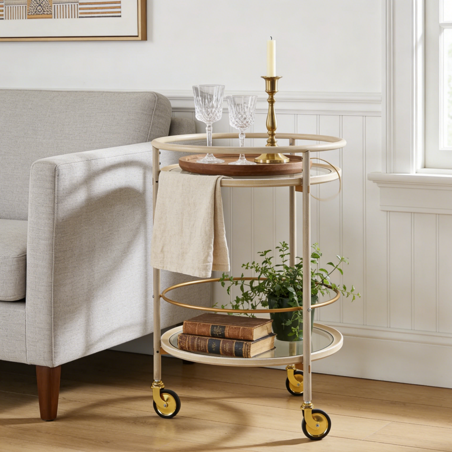 Round Bar Cart with Tempered Glass Shelves and Gold Accents