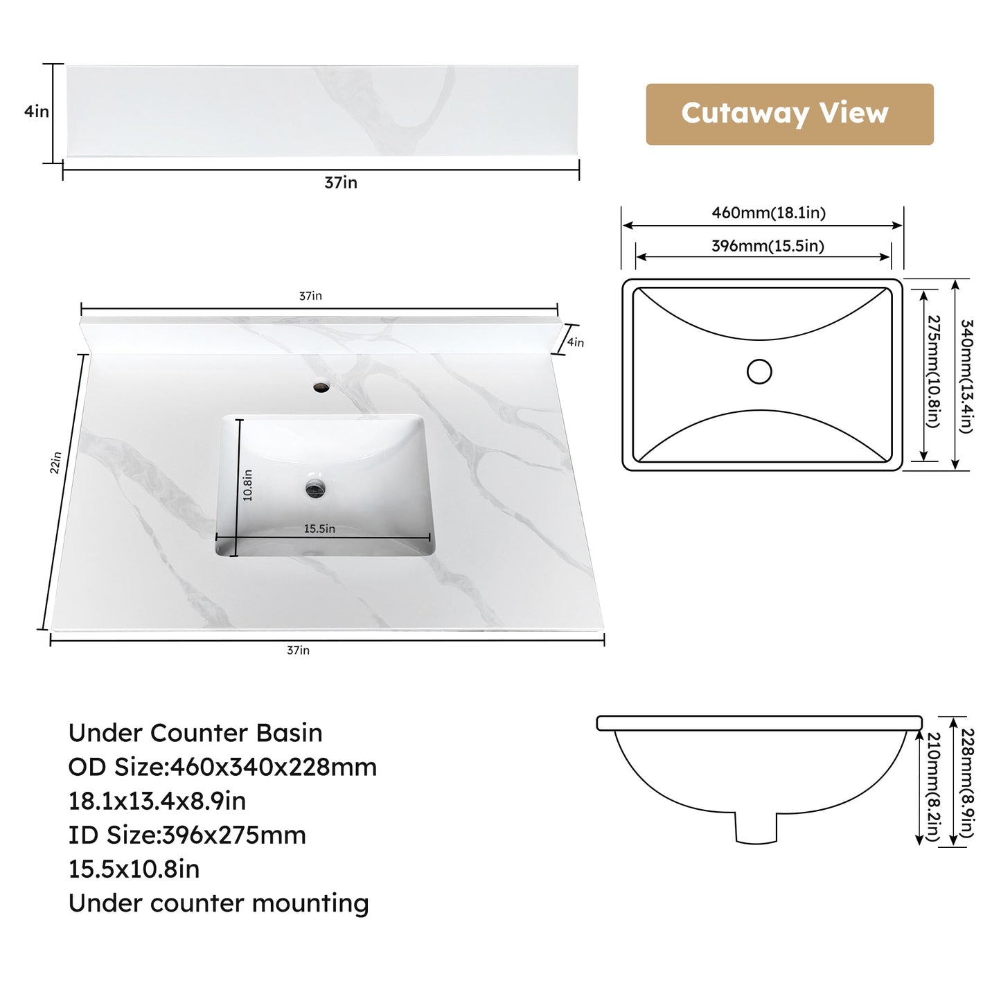 37-inch Quartz Bathroom Vanity Top with Undermount Single Bowl