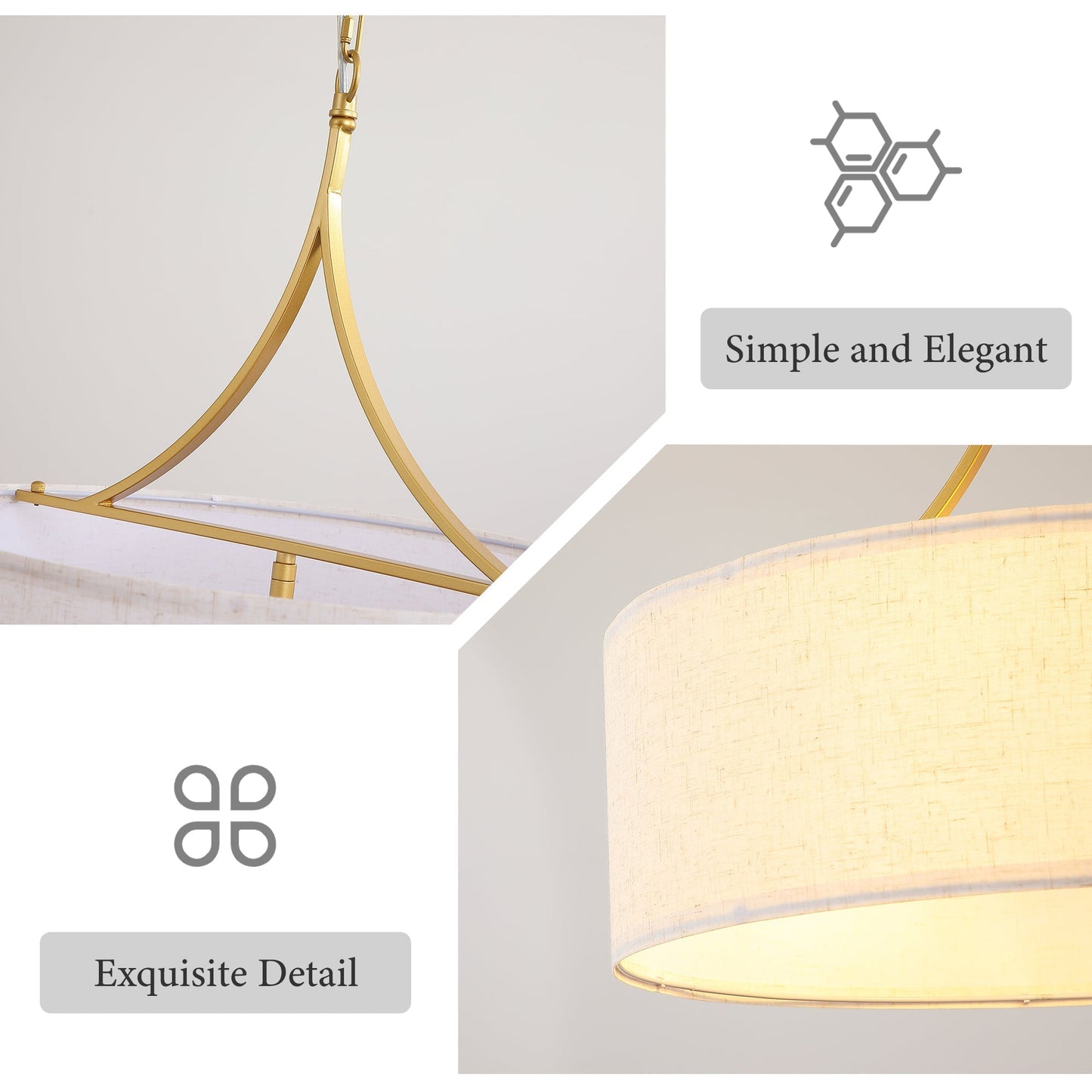 3-Light Gold Fabric Drum Pendant Light