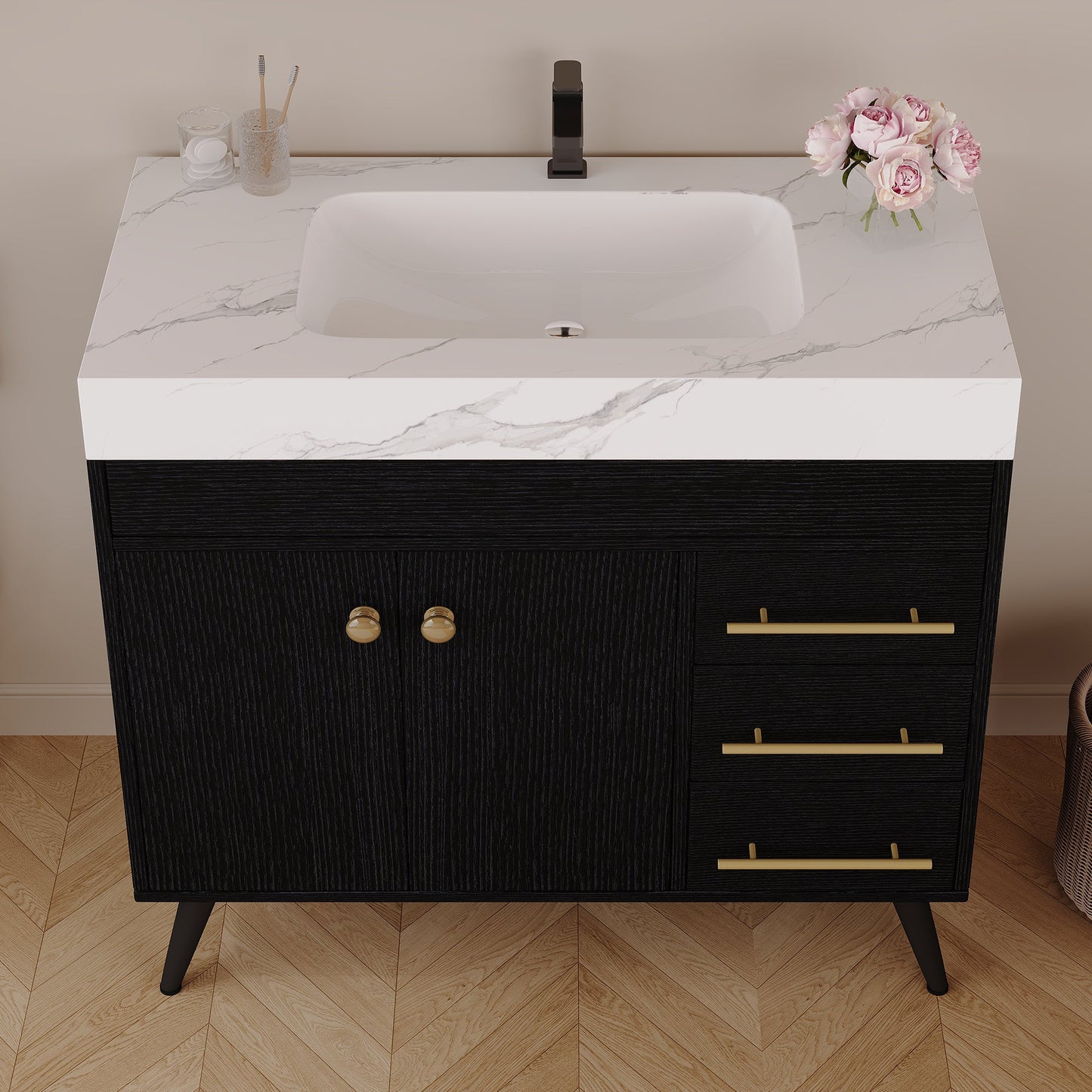 36" Freestanding Bathroom Vanity with Ceramic Sink and Faux Marble Top