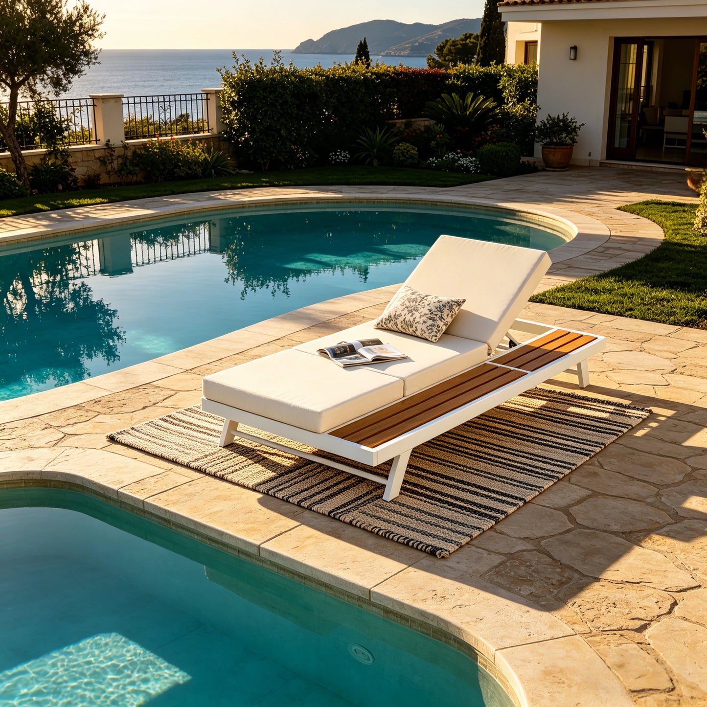 White Iron and Teak Finish Chaise Lounge Set with Cream Cushion