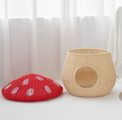 Rattan-Style Washable Cat Bed Villa-Style Mushroom-Shaped Pet Nest Handwoven Breathable Dog Kennel