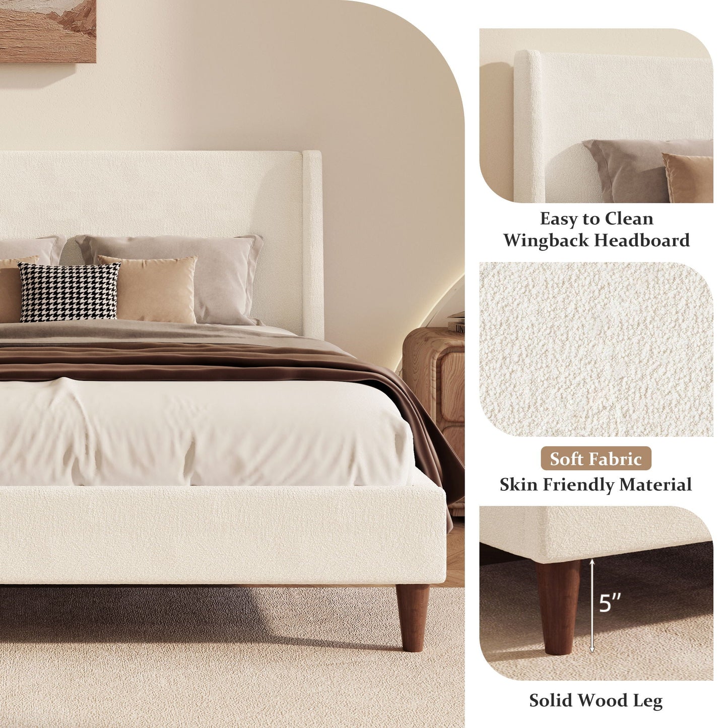 Upholstered Modern Platform Bed With Wingback Headboard