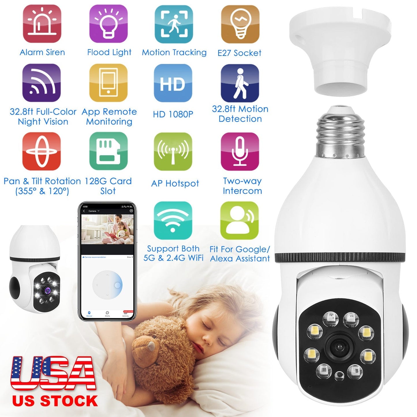 E27 WiFi Bulb Camera 1080P FHD WiFi IP Pan Tilt Security Surveillance Camera with Two-Way Audio Full Color Night Vision Flood Light Motion Tracking Si