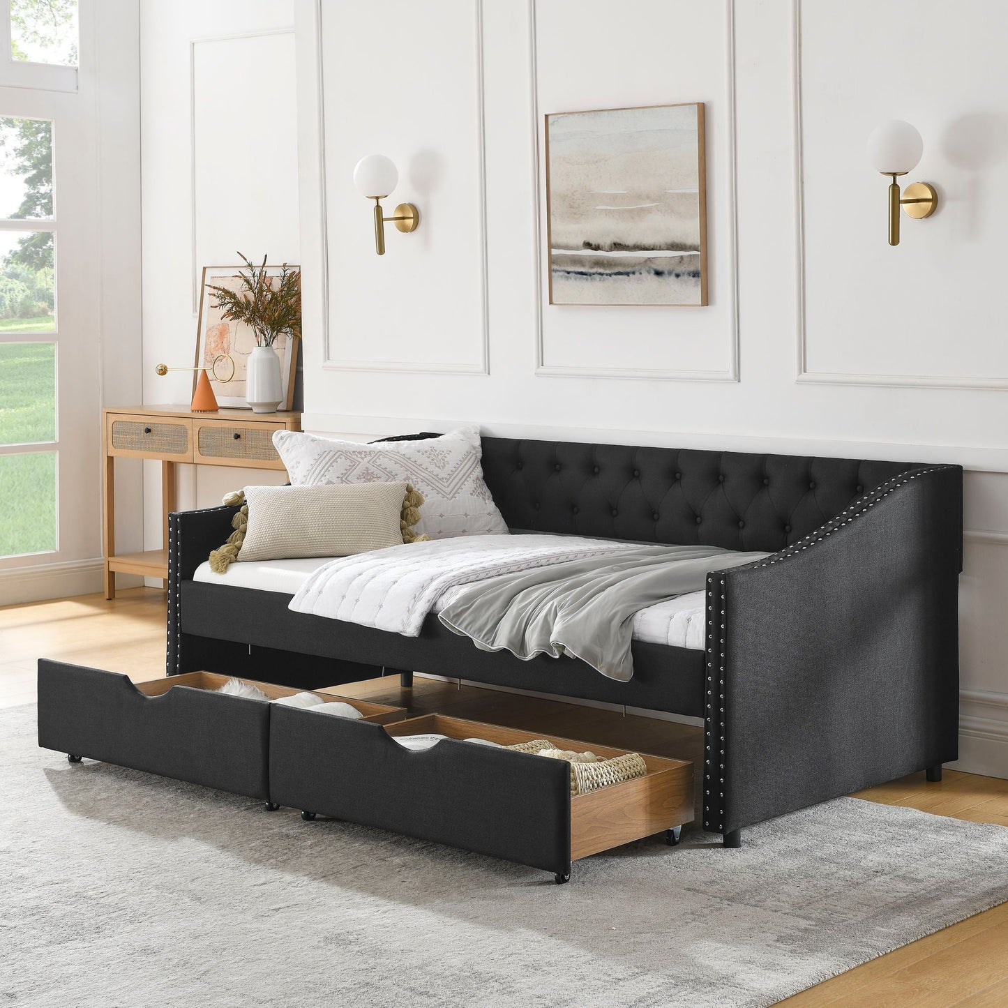 Upholstered Tufted Daybed With 2 Drawers, Waved Arms