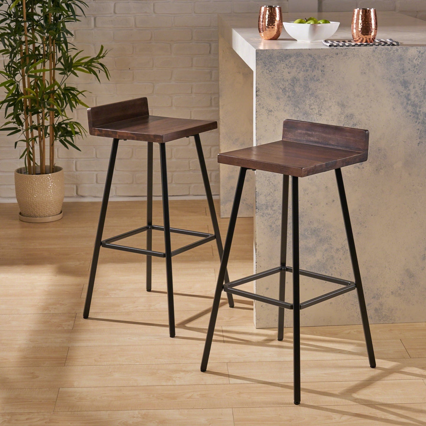 Outdoor Bar Stool With Low Backrests And Wood Seats (Set of 2)