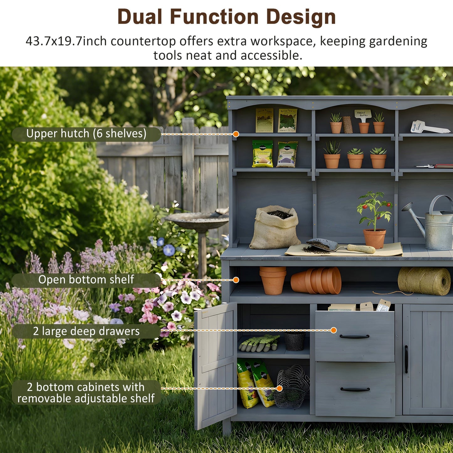 TOPMAX Large Fir Wood Potting Bench with Hutch and Storage