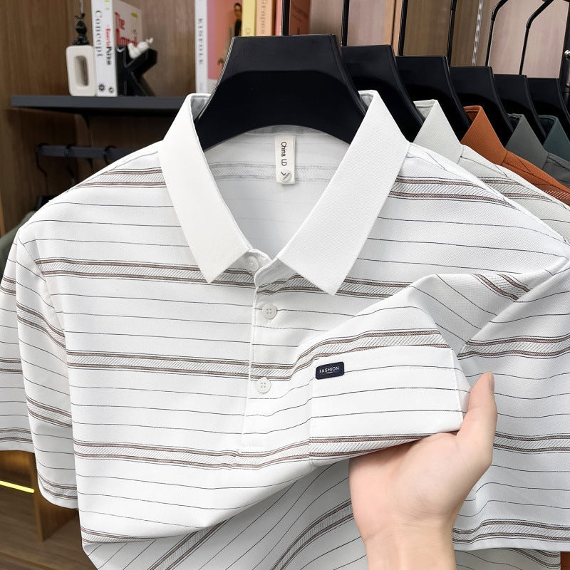 Mens Summer Striped Loose-Fit Lapel T-Shirt