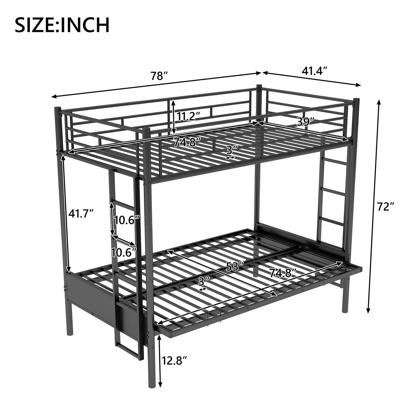 Twin Over Full Bunk Bed, Multifunction - Black