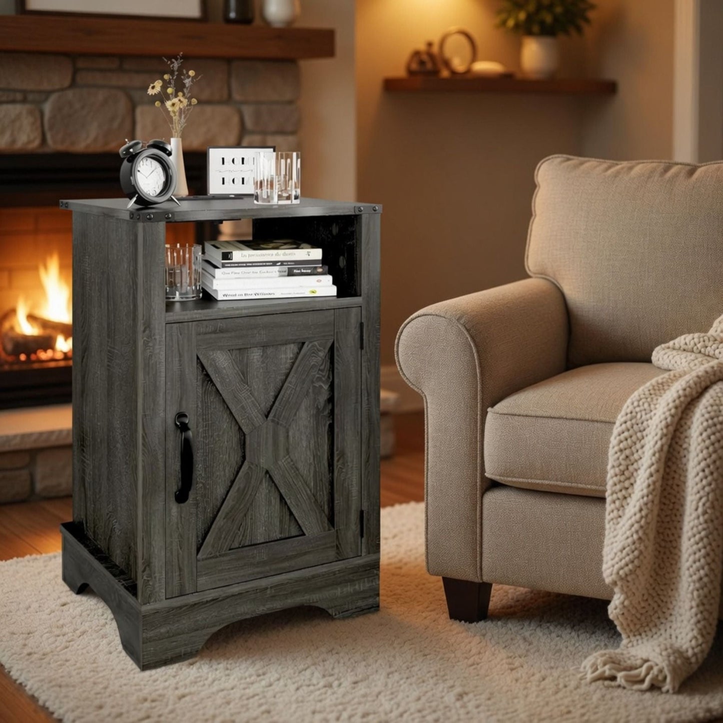 Farmhouse Nightstand, Charging Station & Storage