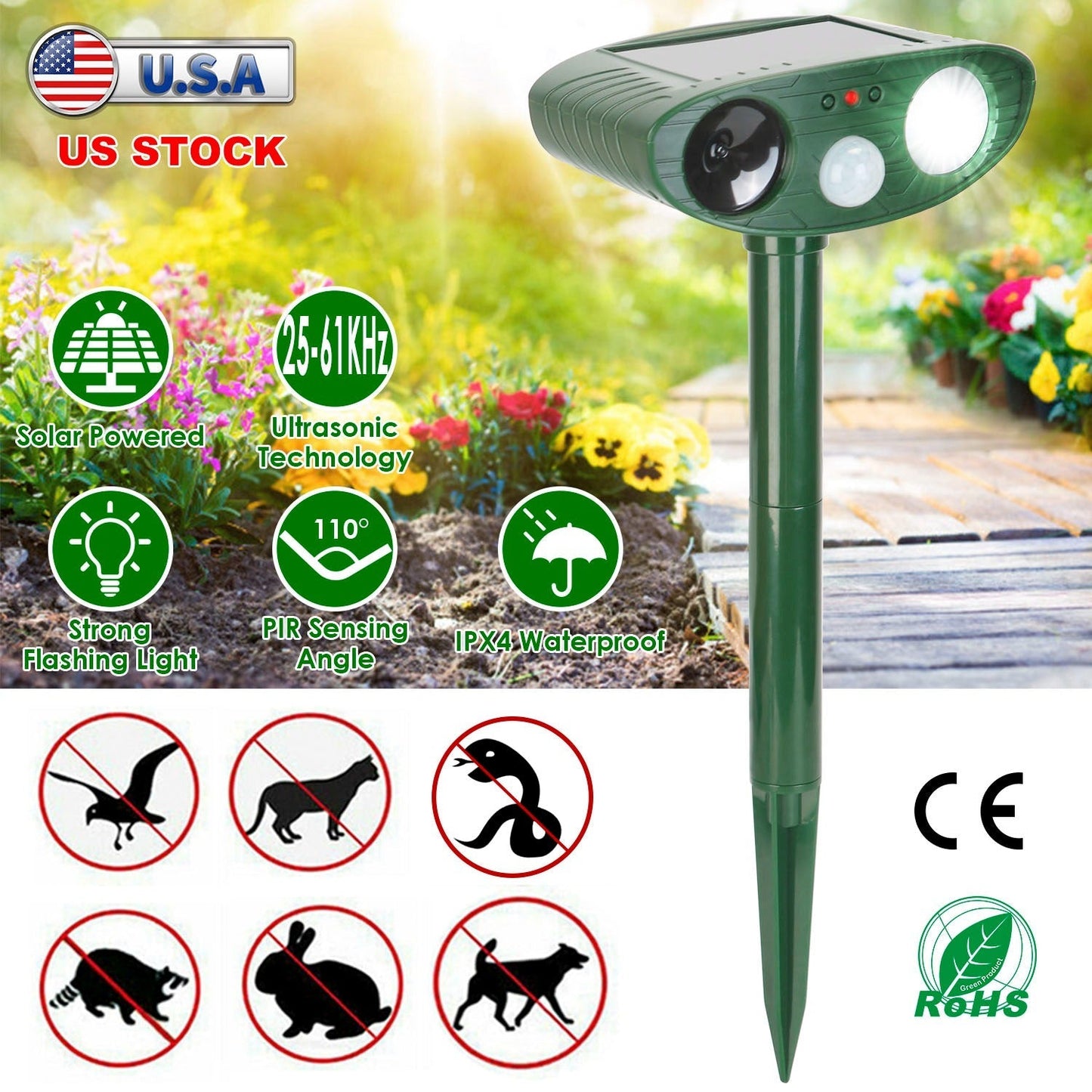 Solar Ultrasonic Animal Repeller PIR Sensor Animal Repellent Chaser with Flashing Light IPX4 Waterproof for Chasing Deer Raccoon Squirrel Rat Skunk Ra