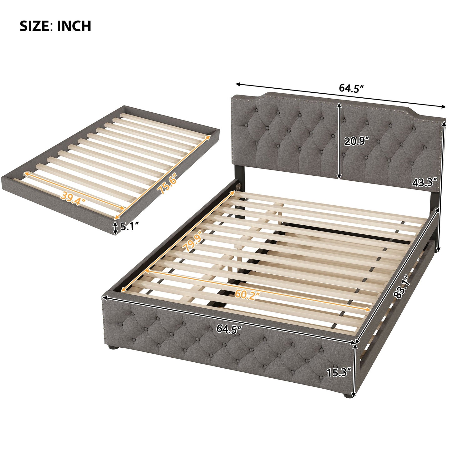 Upholstered Platform Bed With Trundle And 2 Sets Of USB Ports On Each Side, Fabric