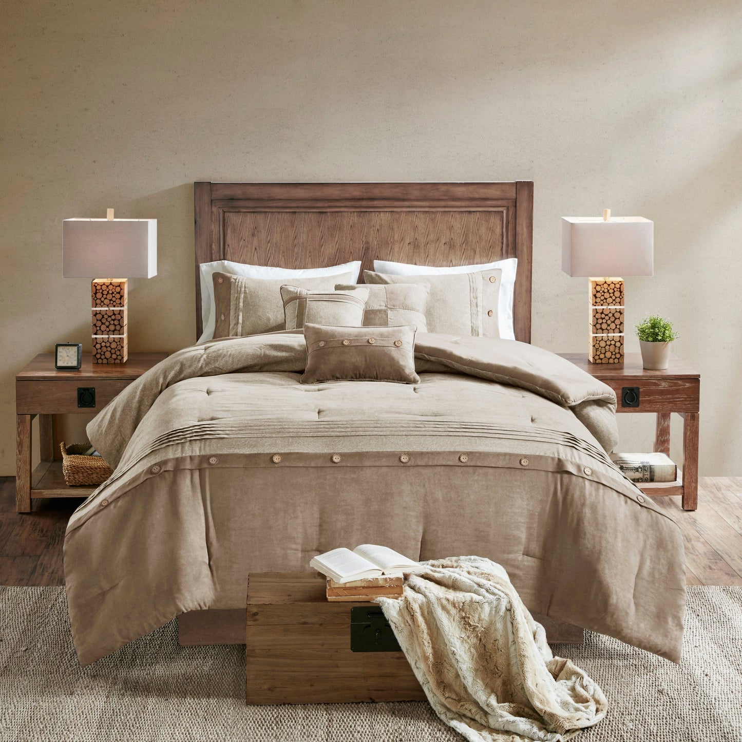 7 Piece Faux Suede Comforter Set Tan California King