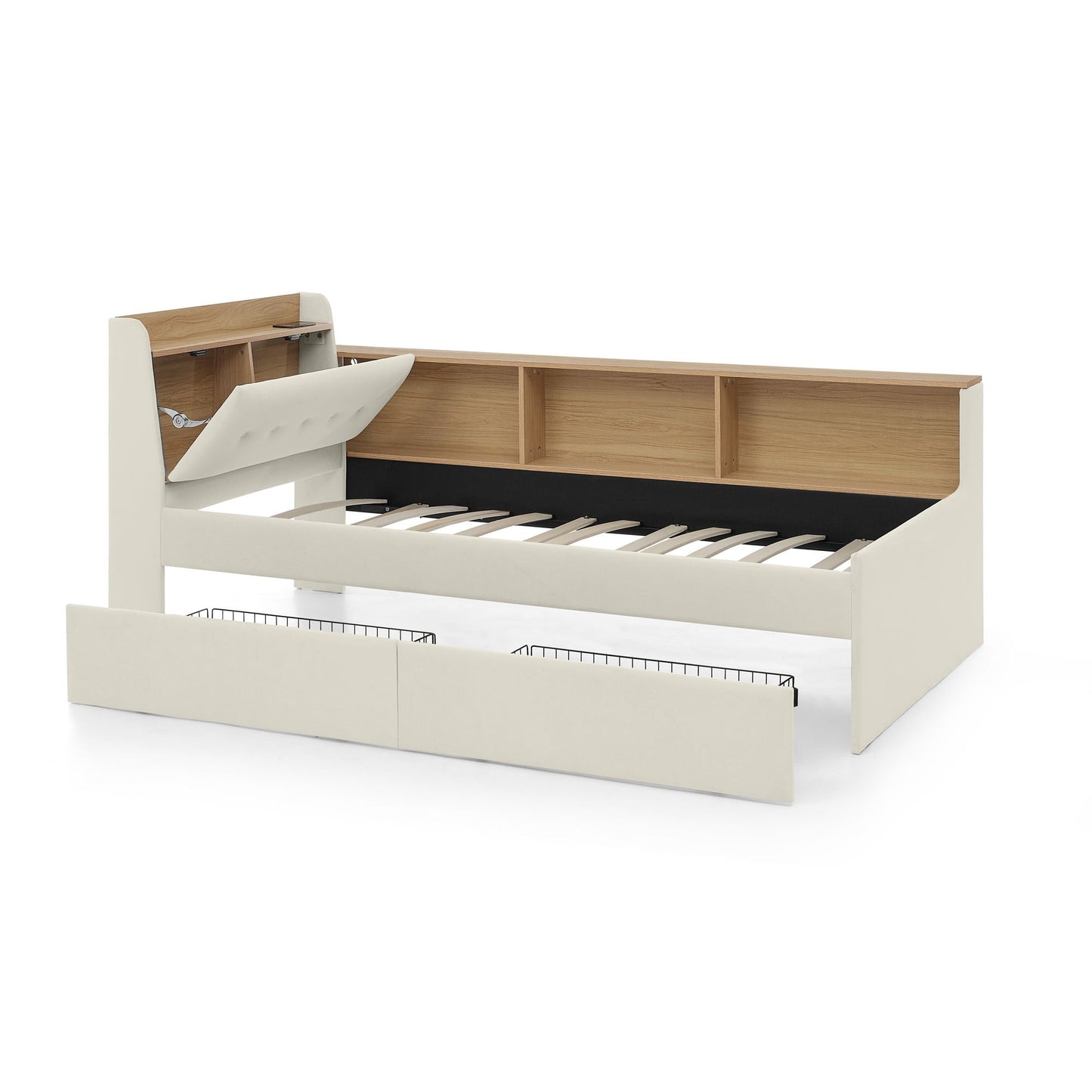 Upholstered Daybed With Storage Headboard, Wireless Charging, LED Lights