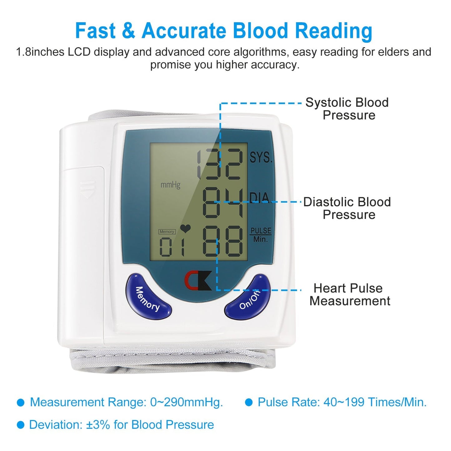 Blood Pressure Monitor Wrist Digital High Blood Pressure Cuff Heartbeat Tester w/ 60 Reading Memory 1.8 Inches LCD Screen Storage Box