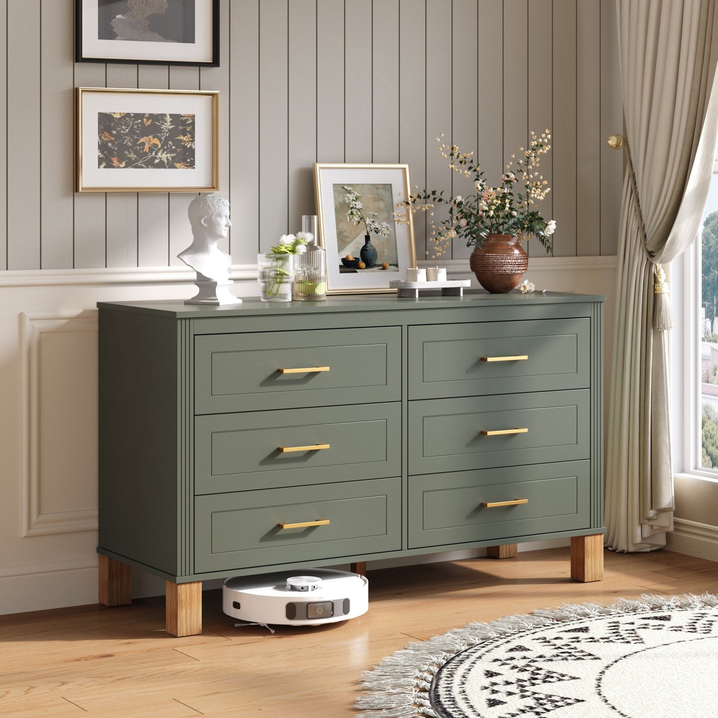6-Drawer Double Dresser in Olive