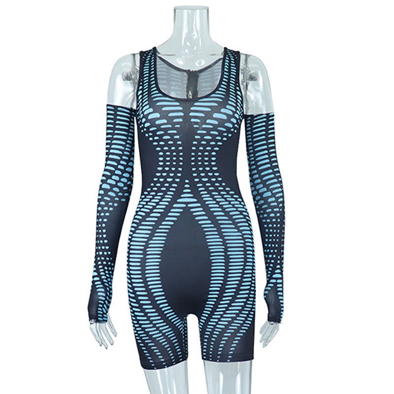 Crew Neck Digital Printing Gloves Hip Lifting Bodysuit