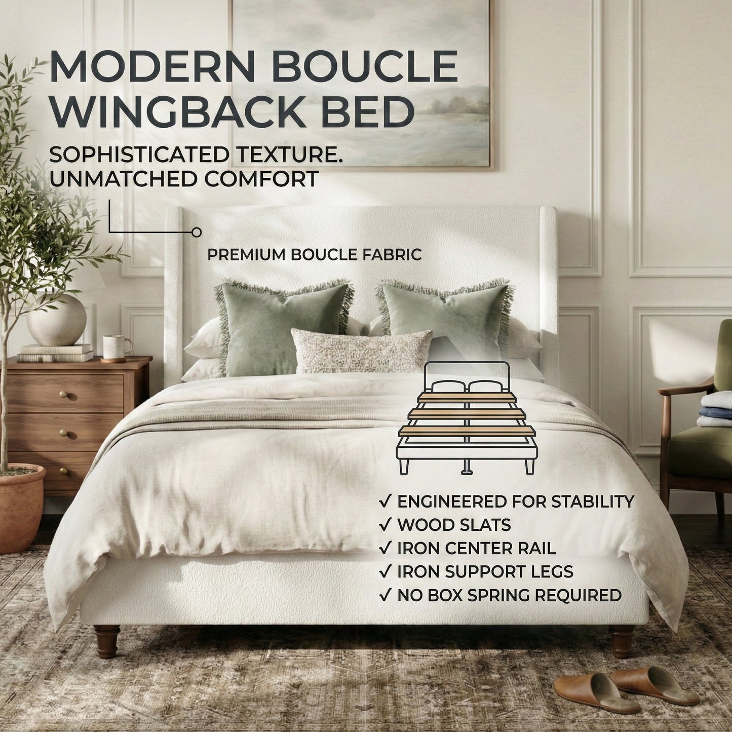 52.7" Tall Wingback Upholstered King Size Platform Bed Frame