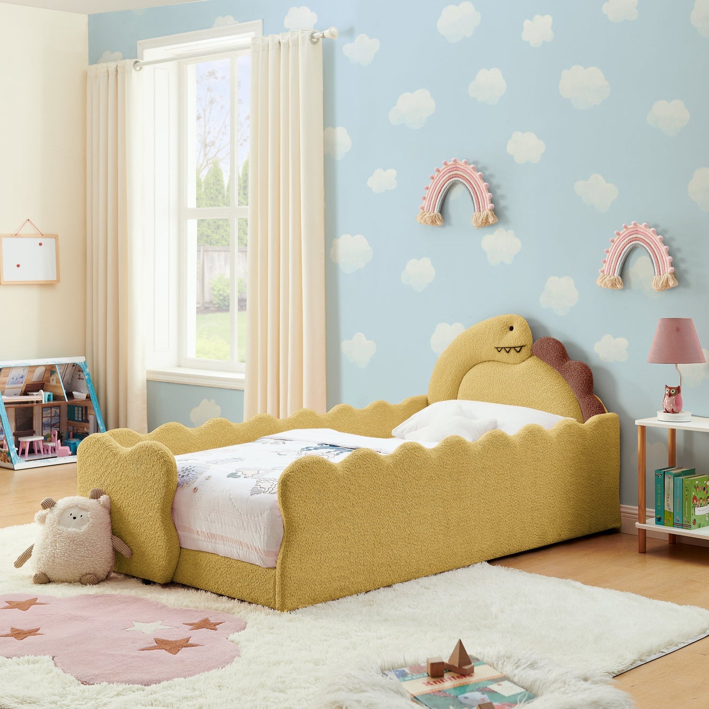 Twin Size Dinosaur-Shaped Kids Bed with Safety Guardrails