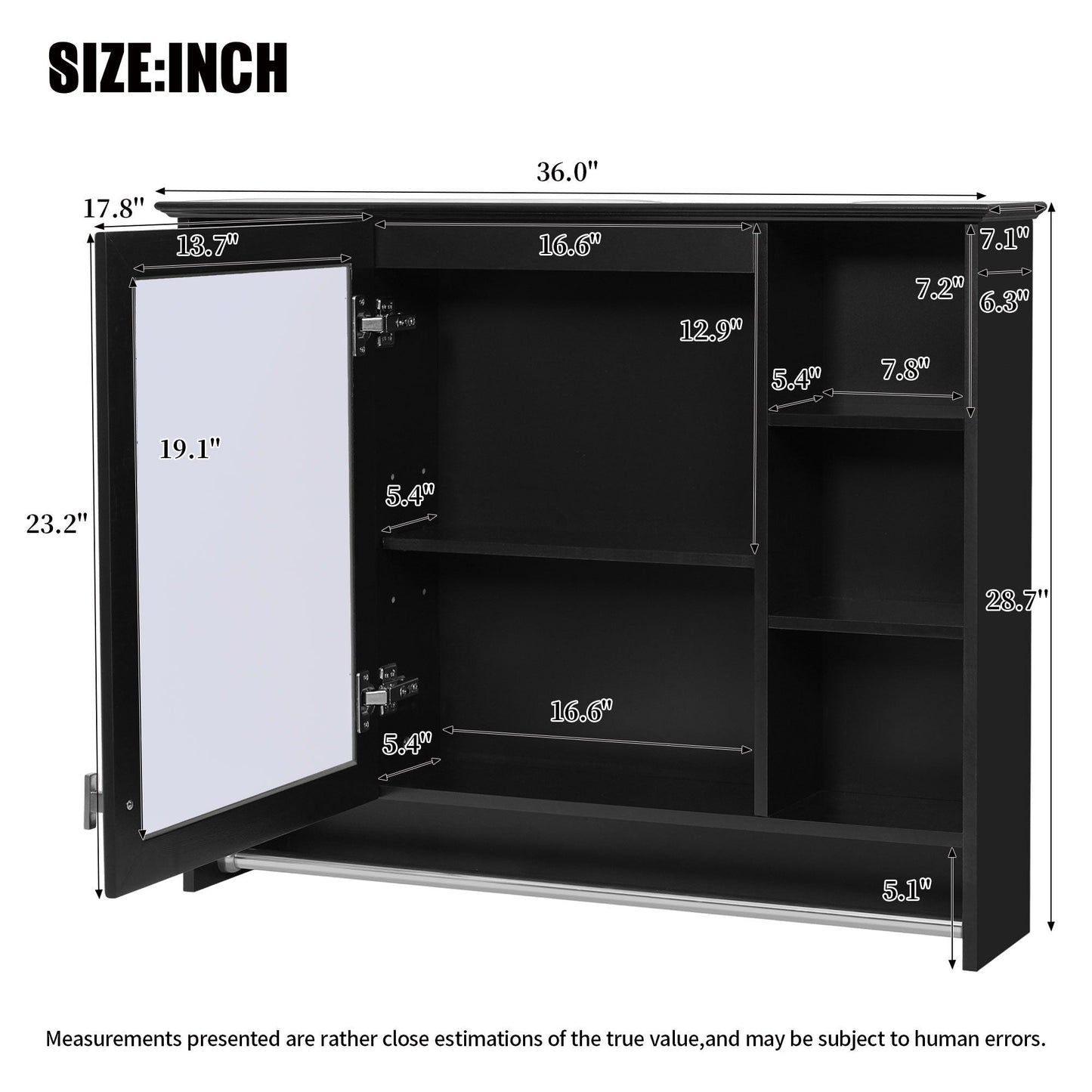 Modern Wall Mounted Mirror Cabinet with Adjustable Shelf and Towel Bar