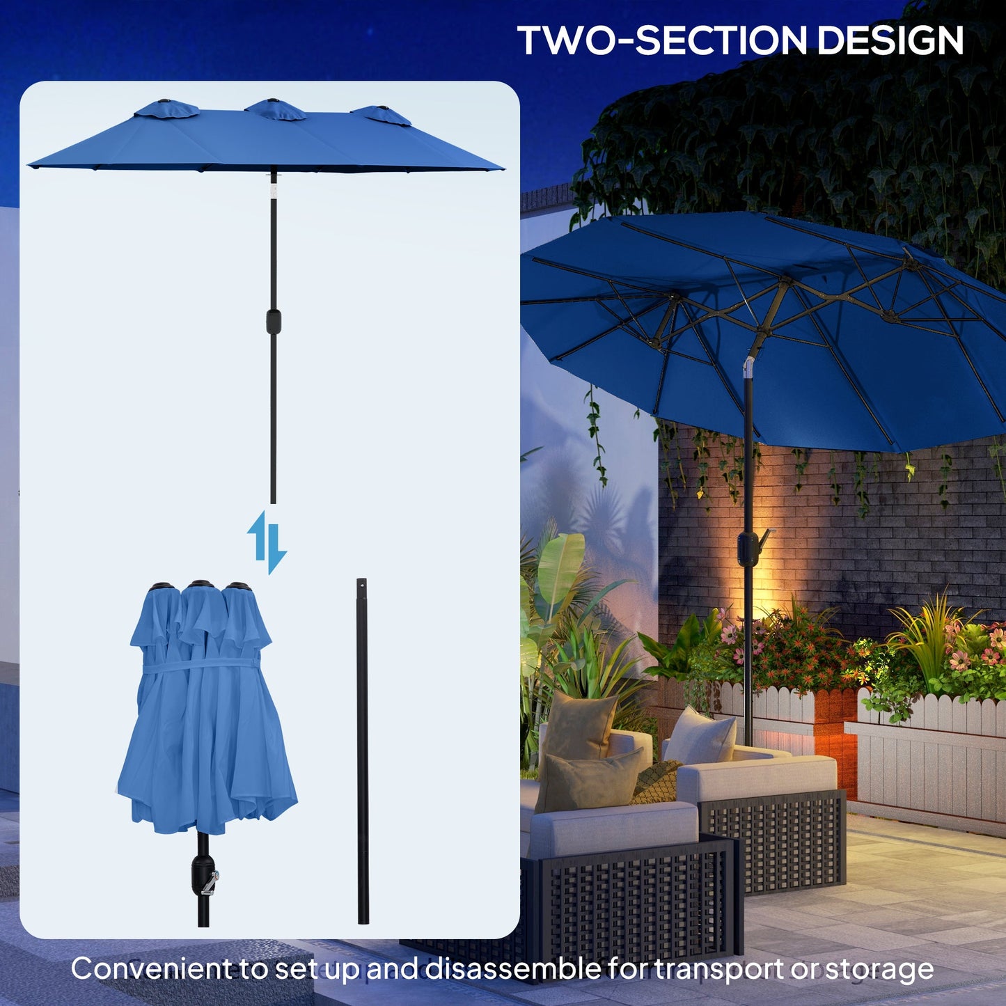 Outsunny 9.5' Double-Sided Patio Umbrella with 3 Air Vents, Tilt and Crank