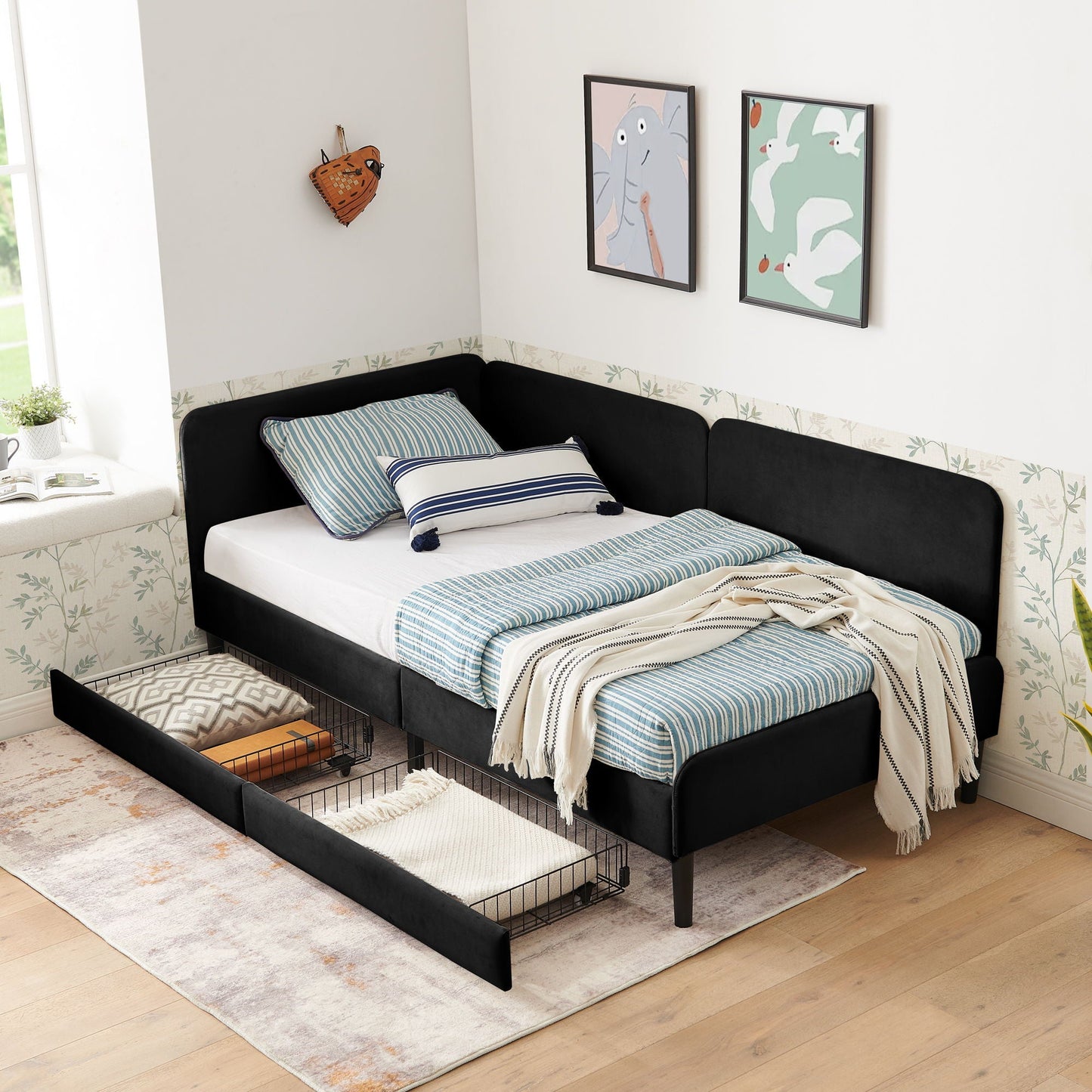 Upholstered Platform Bed Frame With 2 Storage Drawers And Adjustable Sofa Bed