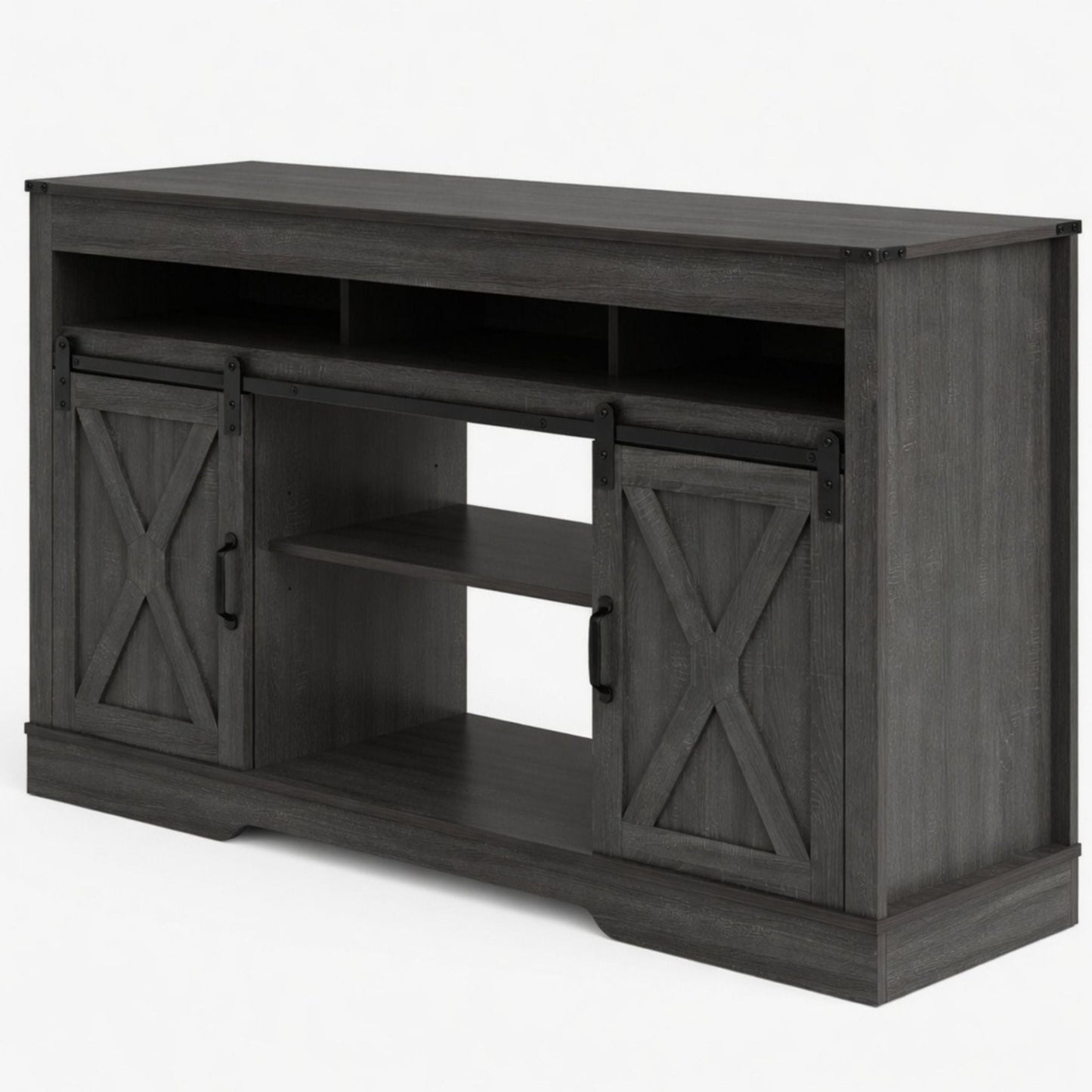 Farmhouse TV Stand With Sliding Barn Doors & Adjustable Storage