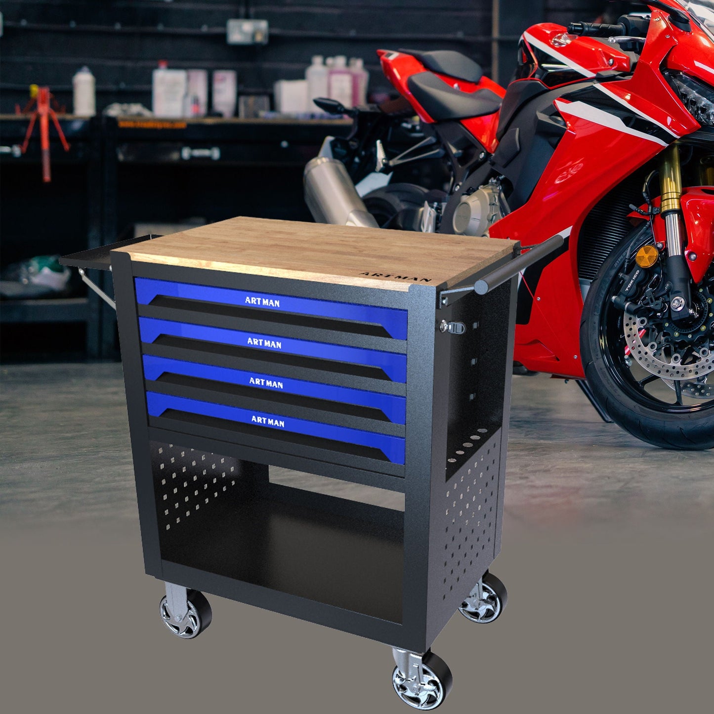 4 Drawers Multifunctional Tool Cart With Wheels And Wooden Top