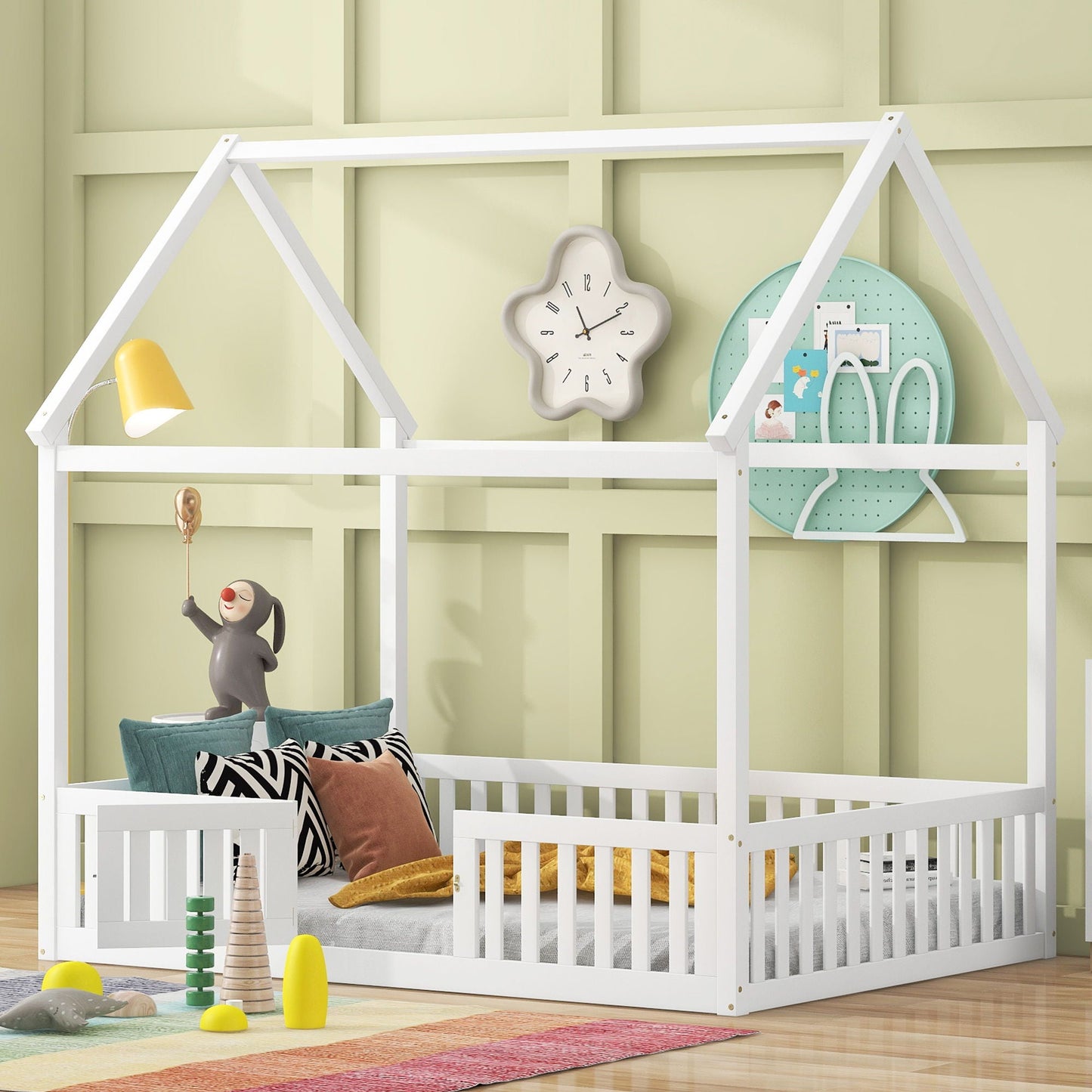 Wood House Bed With Fence And Door