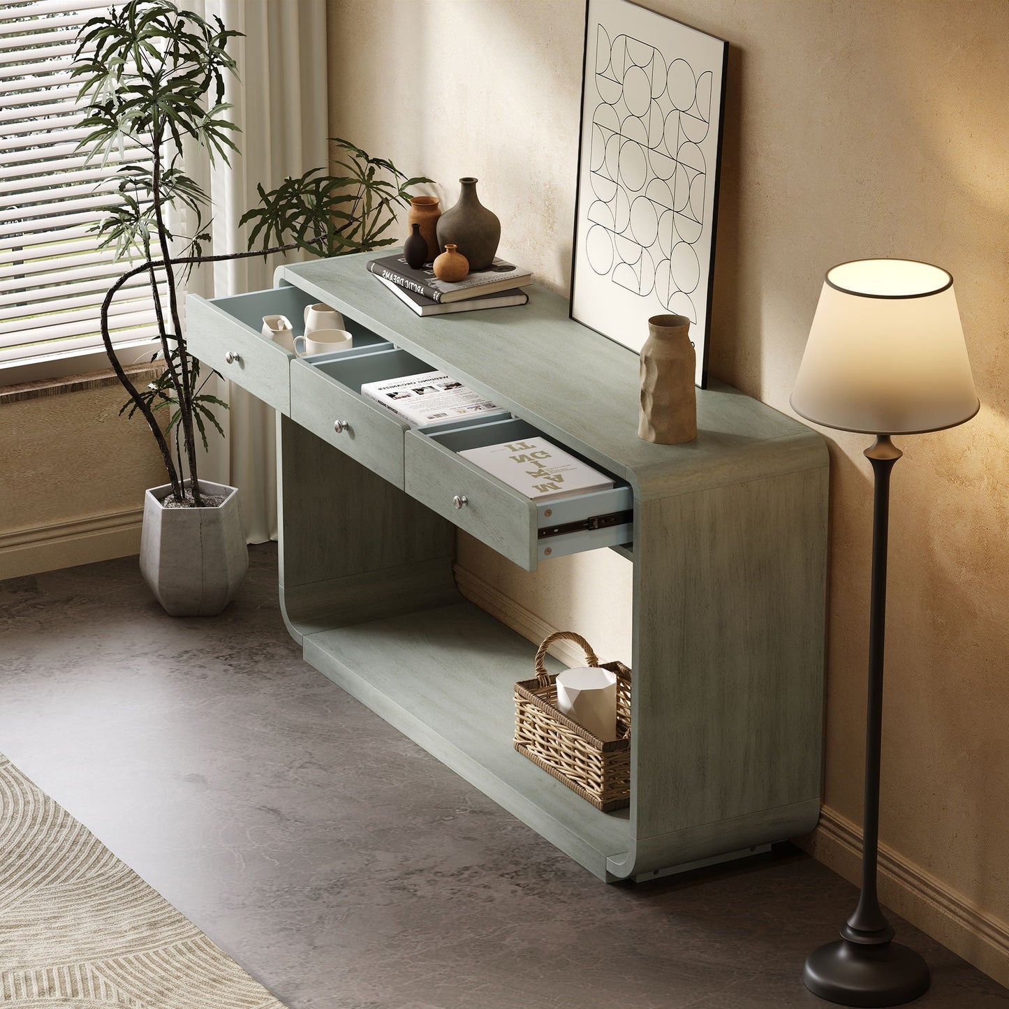 Console Table With 3 Drawers And Display Shelf
