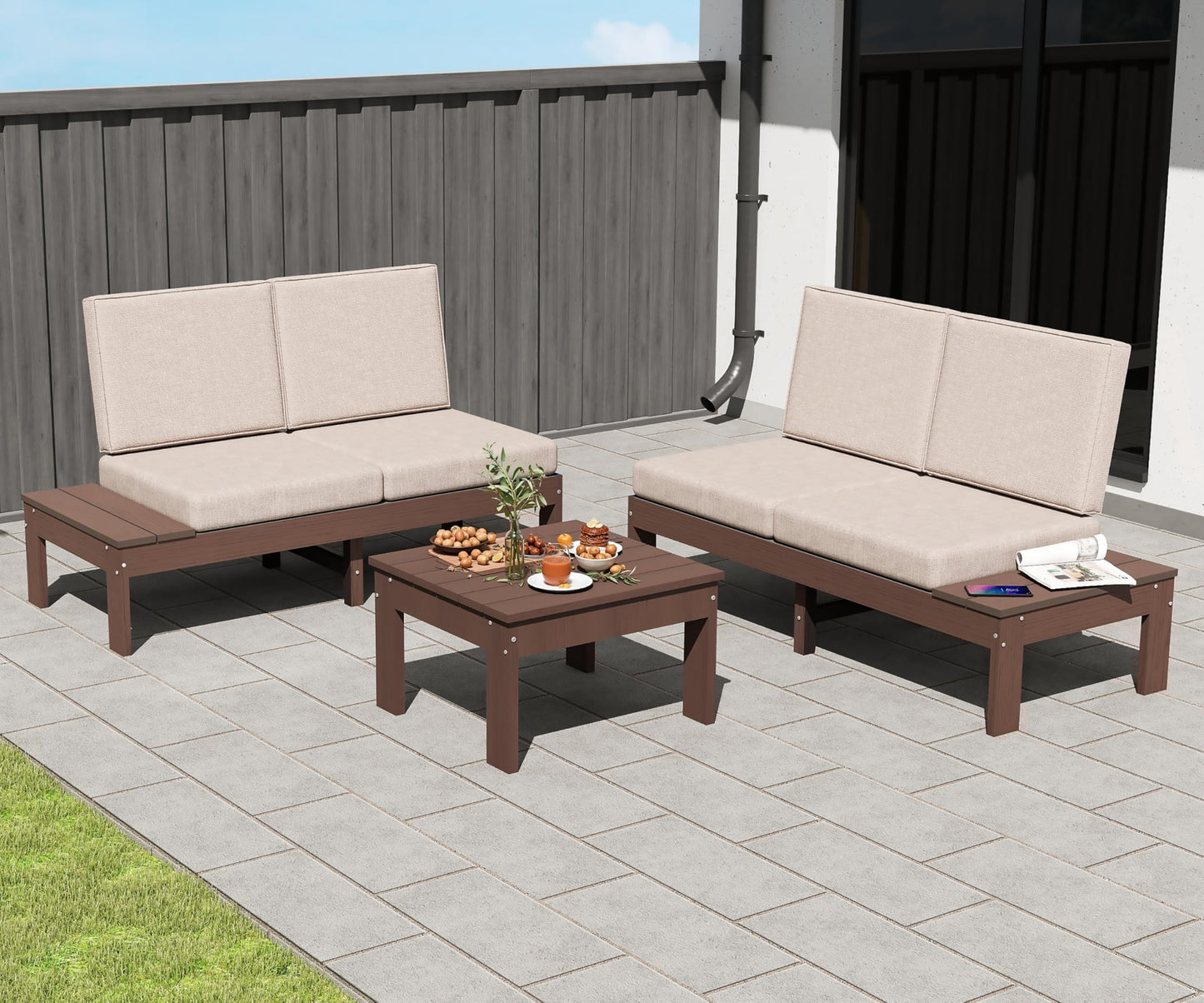 HDPE Outdoor Patio Sofa Set, 3-Piece Modern Conversation Set