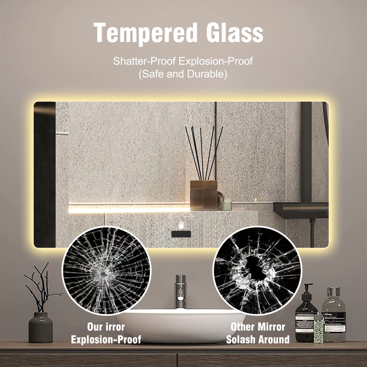 Frameless Bathroom Mirror With Light, LED Backlit, Tri Color Dimming, Anti Fog, Smart Sensor - Silver