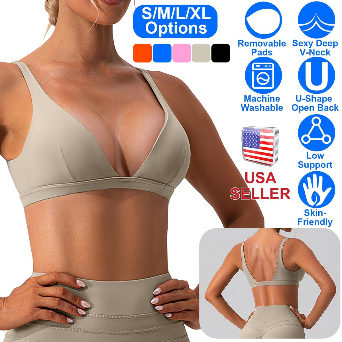 Women Deep V-Neck Sports Bras U-Shaped Back Sport Bras Padded StrappyÊCrop Open Back Low Impact Bras SexyÊFitnessÊTank Tops with Removable Pads for Gy