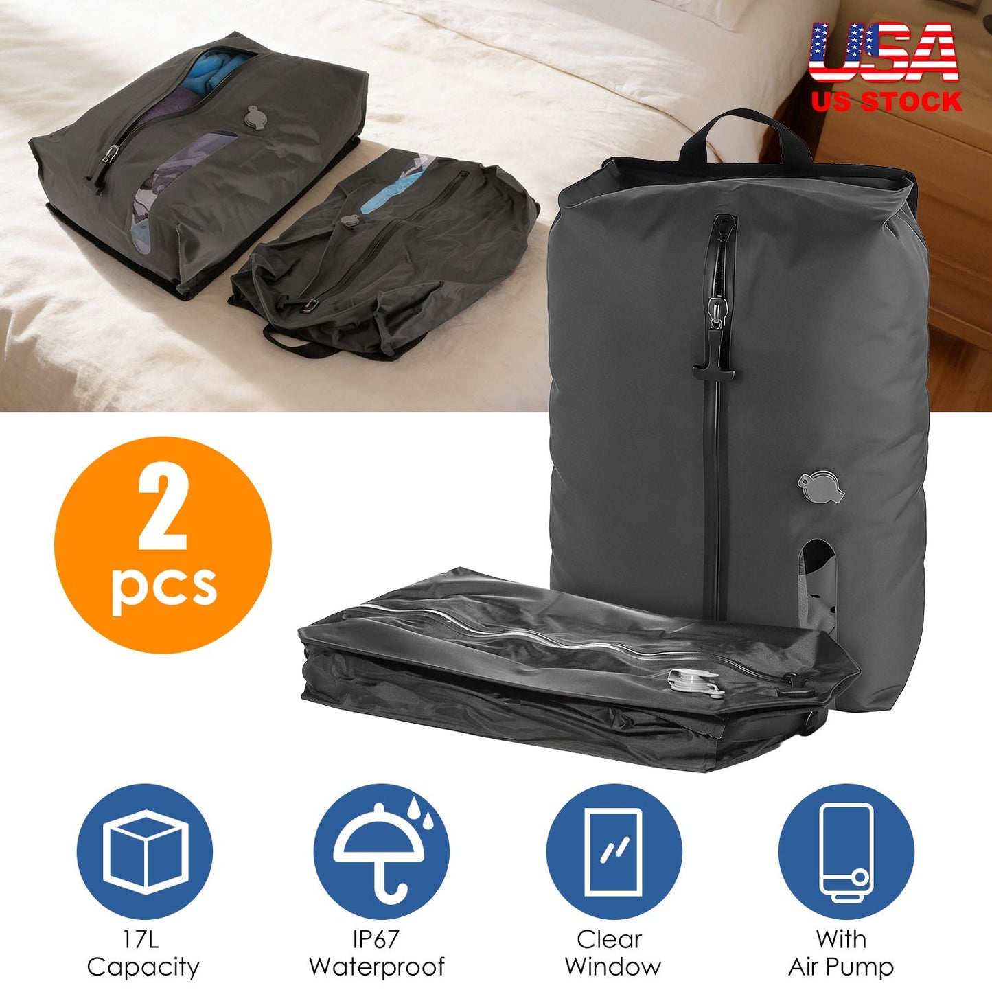 17L Vacuum Storage Bags with Rechargeable Pump (2-Pack)