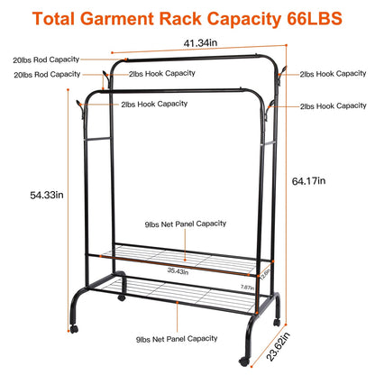 Garment Hanging Rack Clothing Hanging Rail Pillow Shoe Display Organizer Clothes Organizer Stand with 2 Rails 2 Shelves 4 Rolling Wheels 4 Hooks