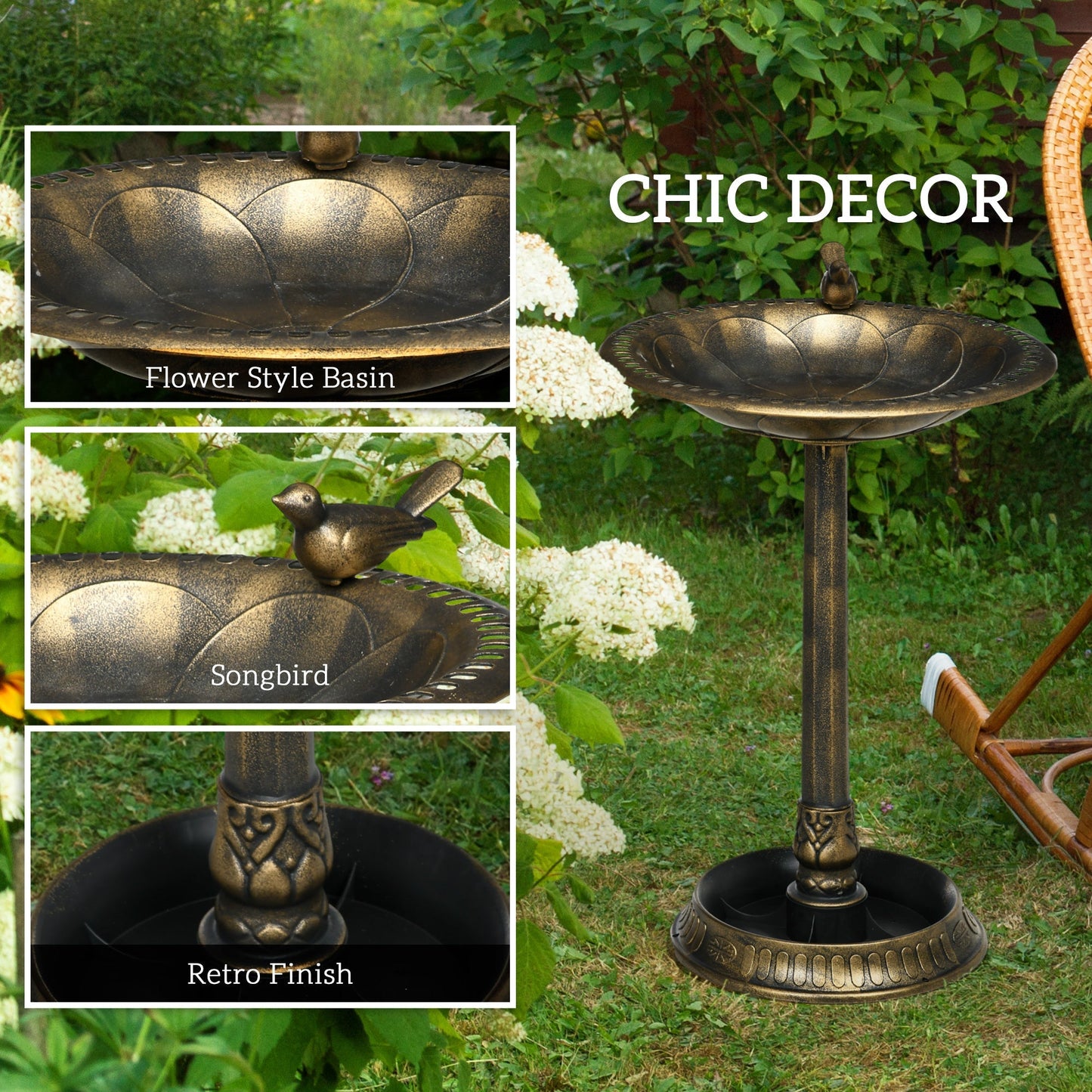 Outsunny 28" Antique Bronze Bird Bath with Pedestal Flower Planter Base