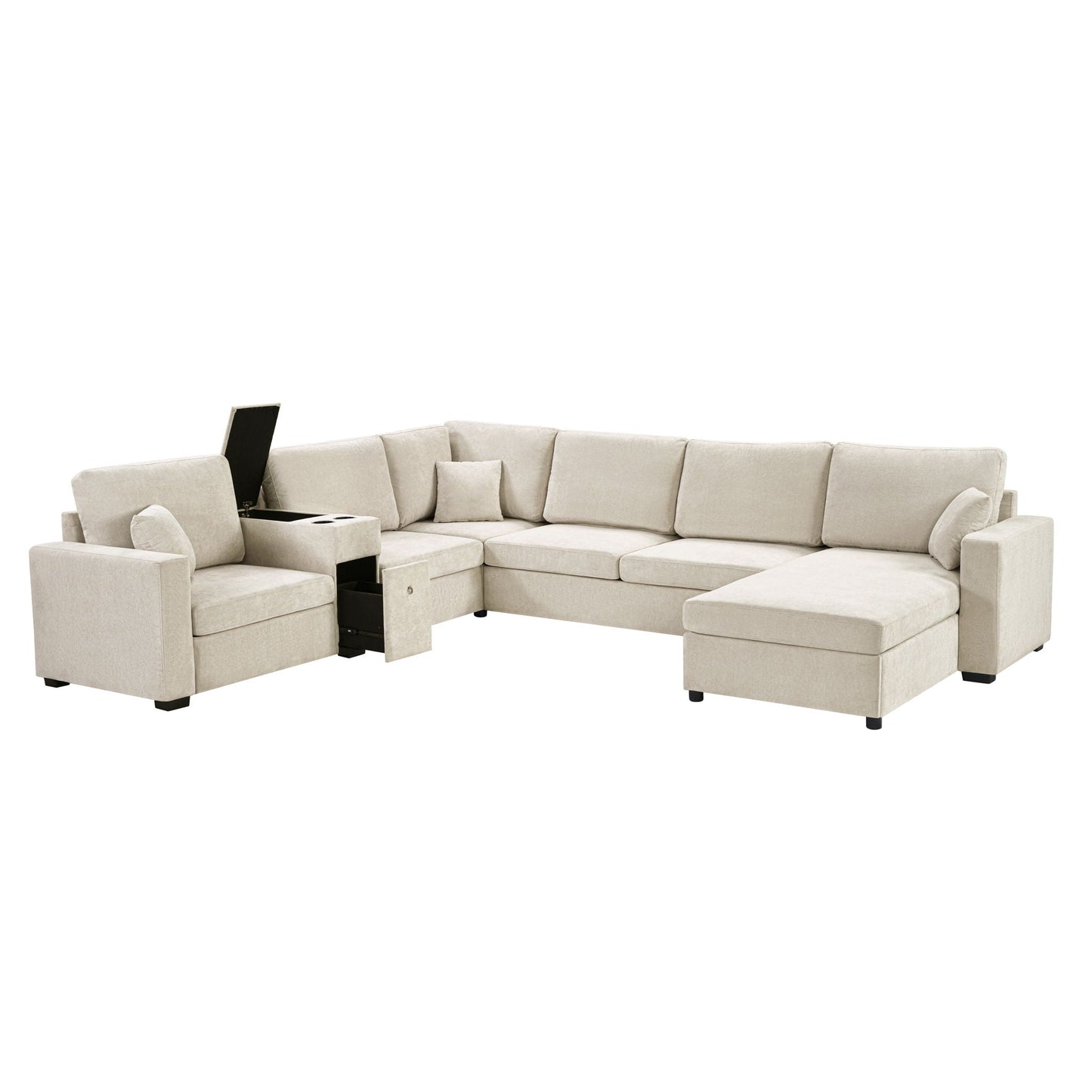 Modular 5 Seat U-Shape Sectional Sofa With Chaise Lounge, Built In Cup Holders And Storage Drawer