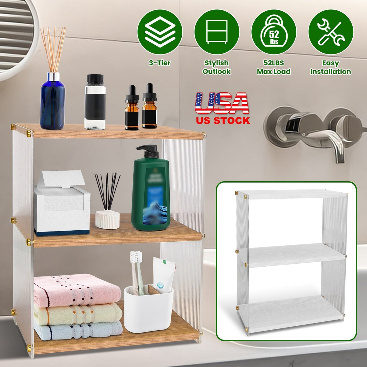 3-Tier Acrylic Countertop Organizer Bathroom Wood Counter Storage Rack Standing Vanity Cosmetics Shelf Cup Holder Desk Display Shelves