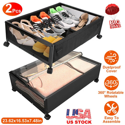 2Pcs Under Bed Storage Containers with 360¡ Rotatable Wheels Visible Dustproof Cover Under Bed Drawer with Clear Window Bedroom Storage Organizer
