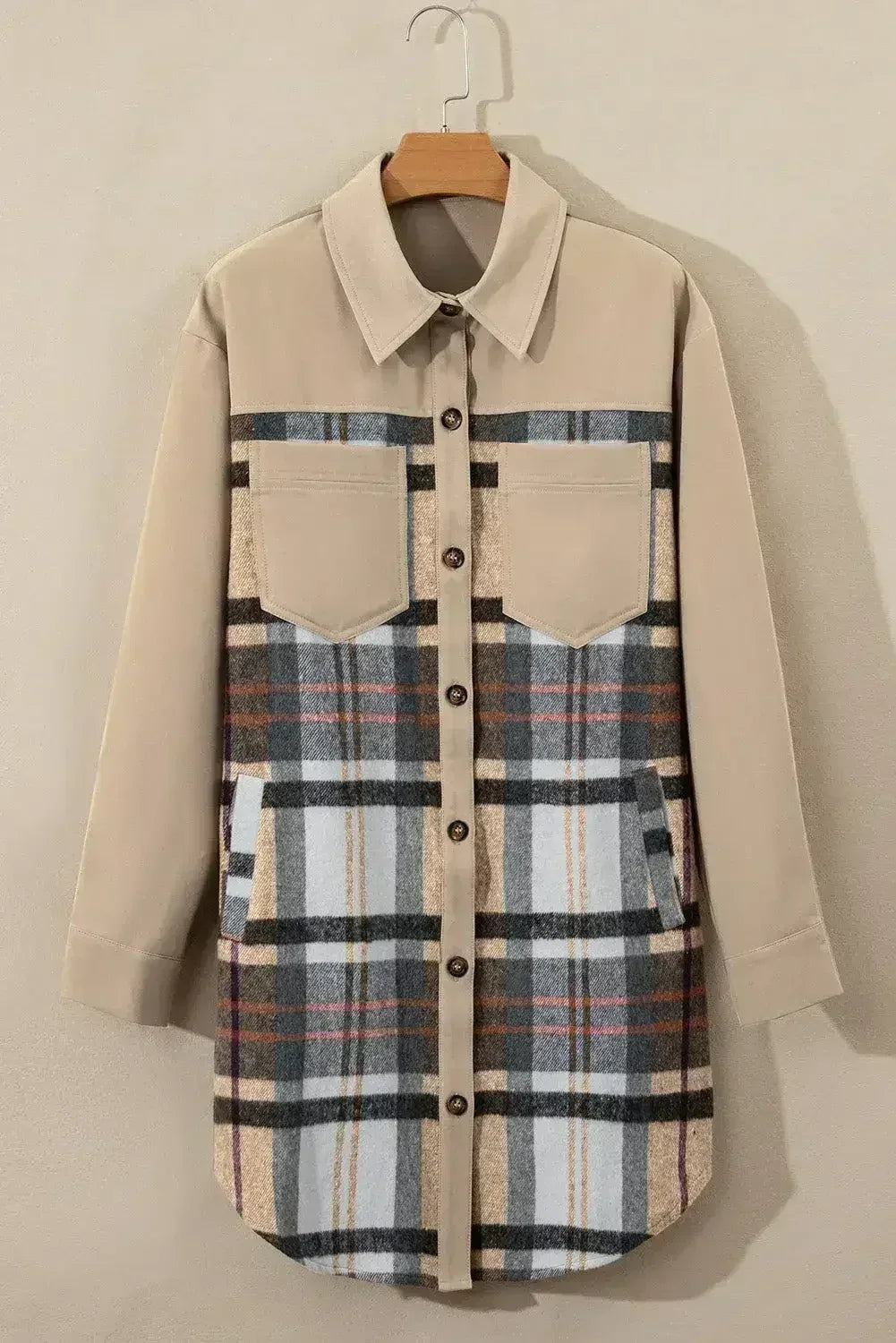Khaki Plaid Patchwork Long Sleeve Mini Dress with Pockets