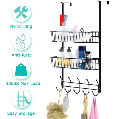 Over The Door Hooks Organizer Door Towel Rack Hanger 5 Hooks with 2 Metal Baskets for Bathroom Bedroom Kitchen Storage Shelf